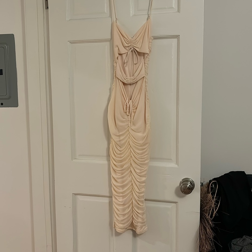 NWOT Oh Polly ruched midi dress with cut outs